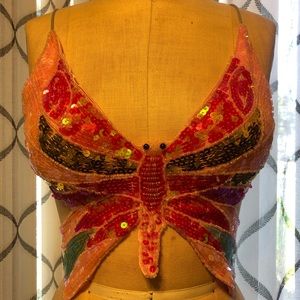 Pink sequin butterfly crop top